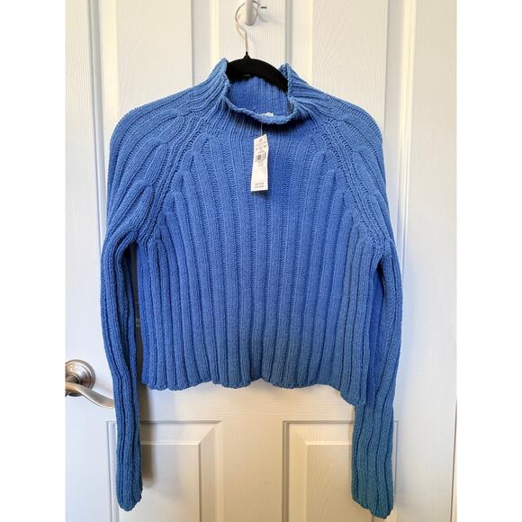 American Eagle Cropped Ombre Blue Ribbed Mock Neck Sweater Women’s XS Soft Knit - Picture 1 of 11